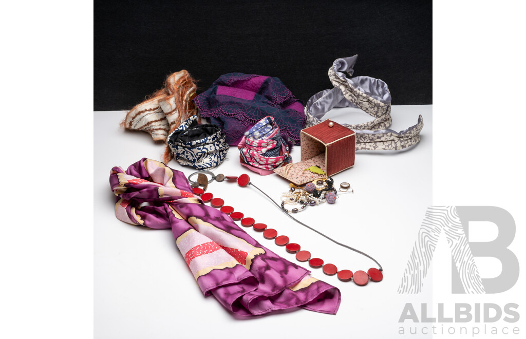 Collection of French Wire Hair Bands, Iced Vo-vo Scarf & Other Scarves, Pearls, Assorted Earrings & Wooden Bead Necklace with Bird