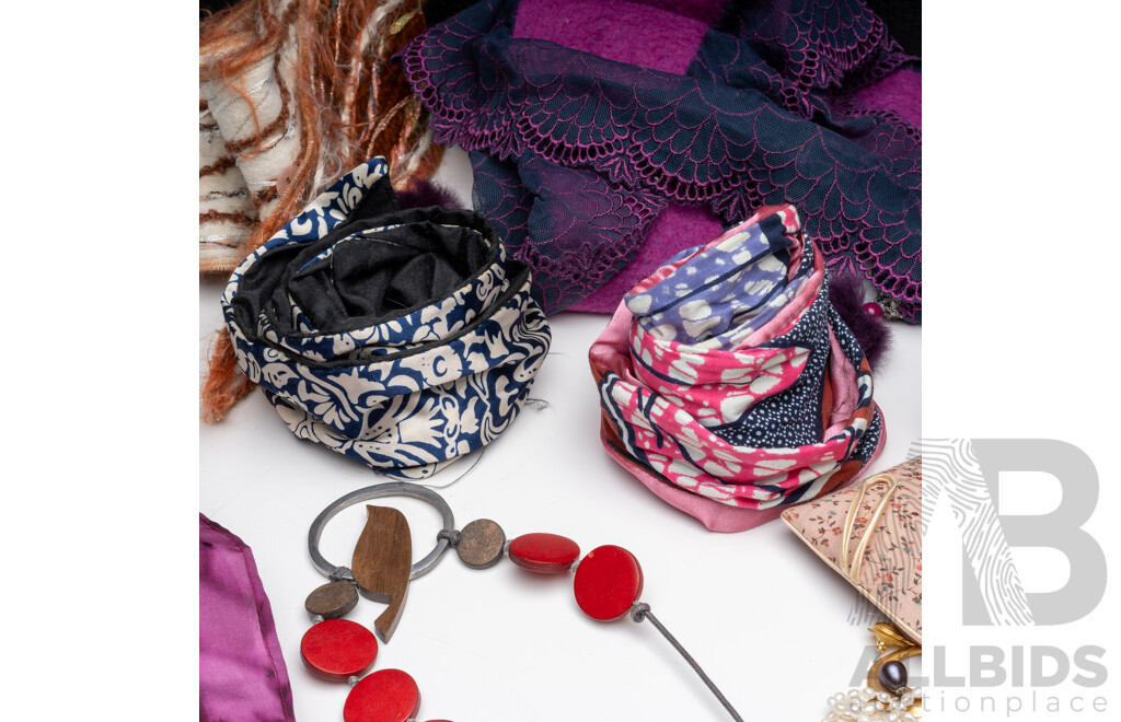 Collection of French Wire Hair Bands, Iced Vo-vo Scarf & Other Scarves, Pearls, Assorted Earrings & Wooden Bead Necklace with Bird