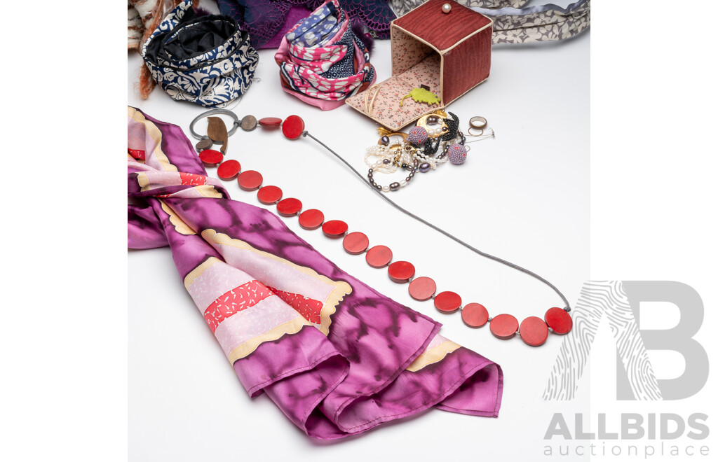 Collection of French Wire Hair Bands, Iced Vo-vo Scarf & Other Scarves, Pearls, Assorted Earrings & Wooden Bead Necklace with Bird