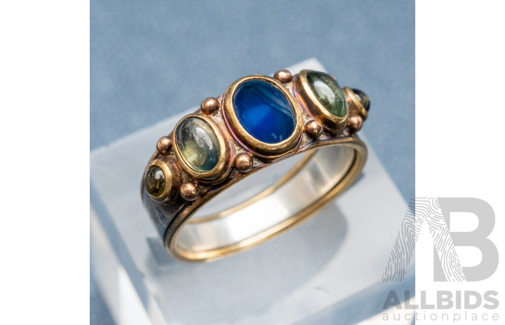 18ct/Sterling Silver Sapphire Gypsy Ring, Size O, 6.13 Grams