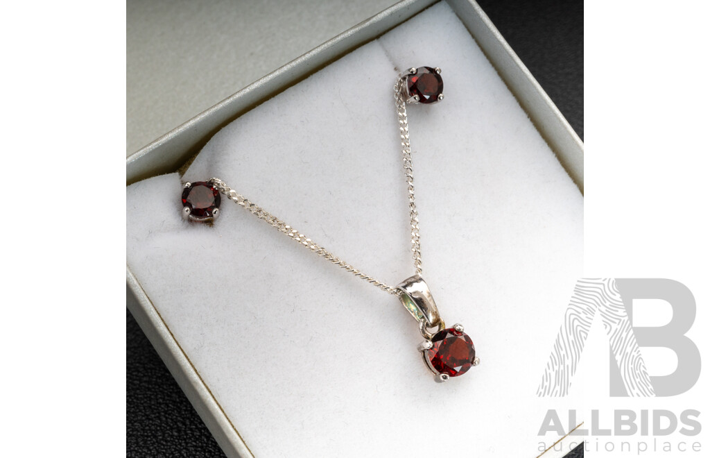 BRAND NEW - Sterling Silver Garnet Stud Earrings & Necklace (50cm) Set, 4.94 Grams