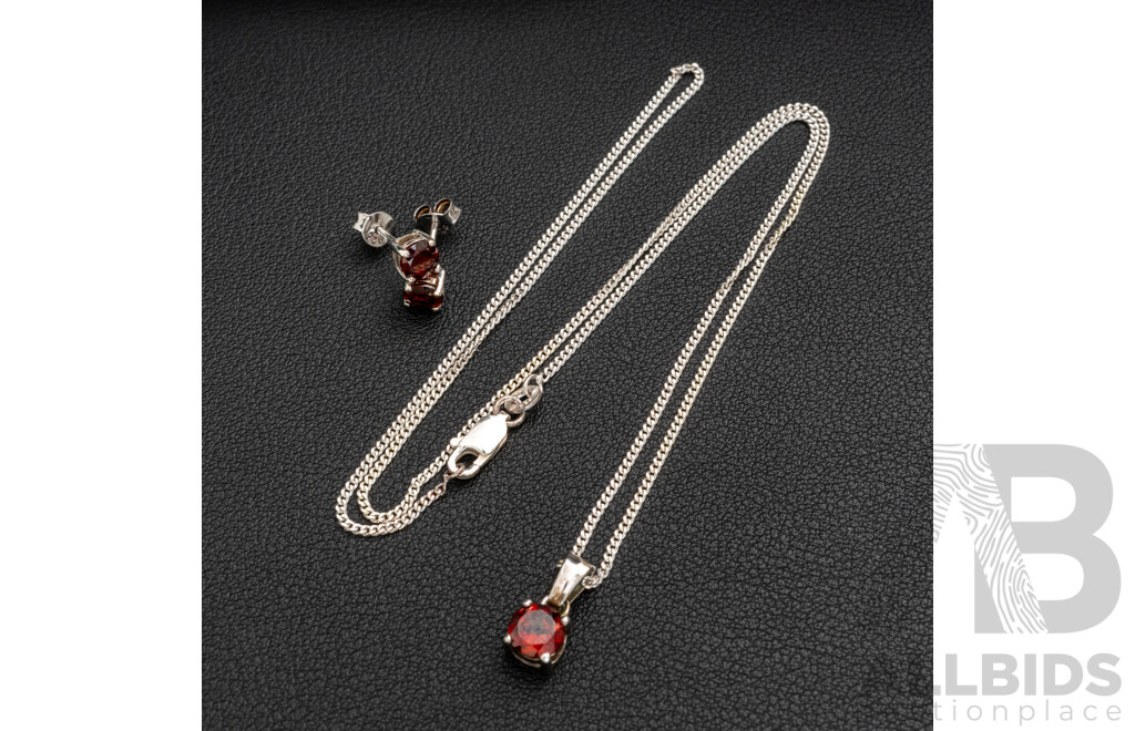 BRAND NEW - Sterling Silver Garnet Stud Earrings & Necklace (50cm) Set, 4.94 Grams