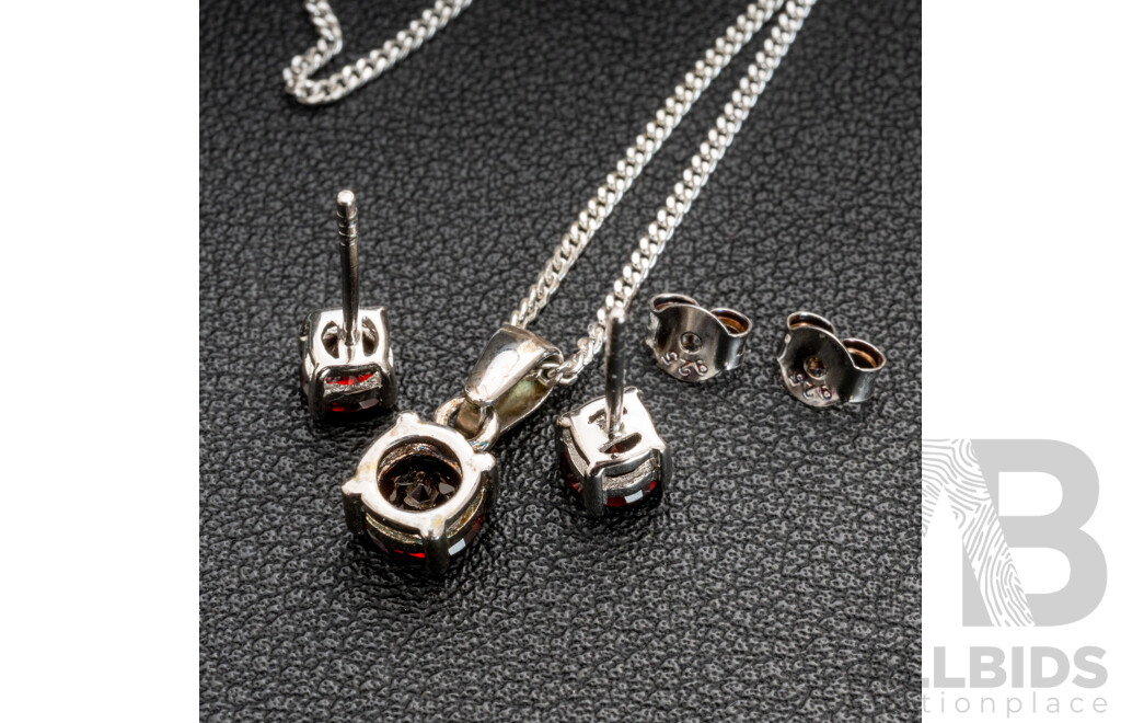 BRAND NEW - Sterling Silver Garnet Stud Earrings & Necklace (50cm) Set, 4.94 Grams