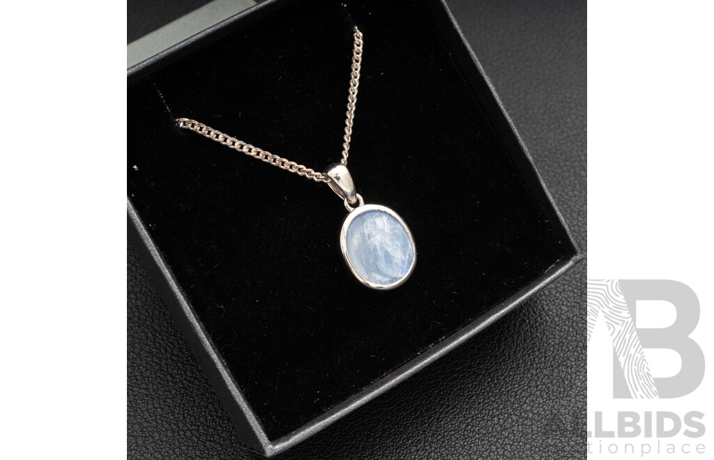 BRAND NEW - Sterling Silver Rhodium Plated 5.0ct Sapphire Cabochon Pendant & Necklace, 20mm, 50cm, 6.63 Grams