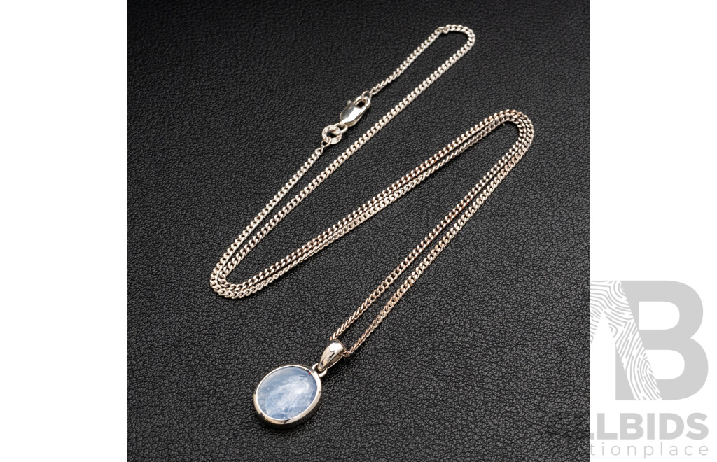 BRAND NEW - Sterling Silver Rhodium Plated 5.0ct Sapphire Cabochon Pendant & Necklace, 20mm, 50cm, 6.63 Grams