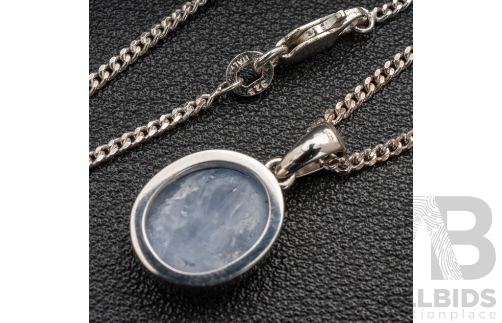 BRAND NEW - Sterling Silver Rhodium Plated 5.0ct Sapphire Cabochon Pendant & Necklace, 20mm, 50cm, 6.63 Grams