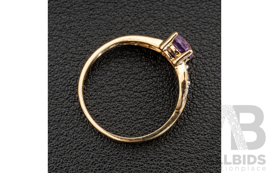 BRAND NEW - 9ct Yellow Gold Amethyst & Diamond Ring, Size N, 1.74 Grams