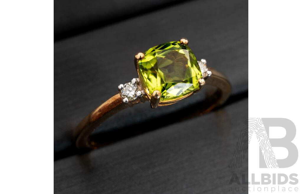 BRAND NEW - 9ct Yellow Gold Peridot & Diamond Ring, TDW0.06ct, Size L, 1.78 Grams