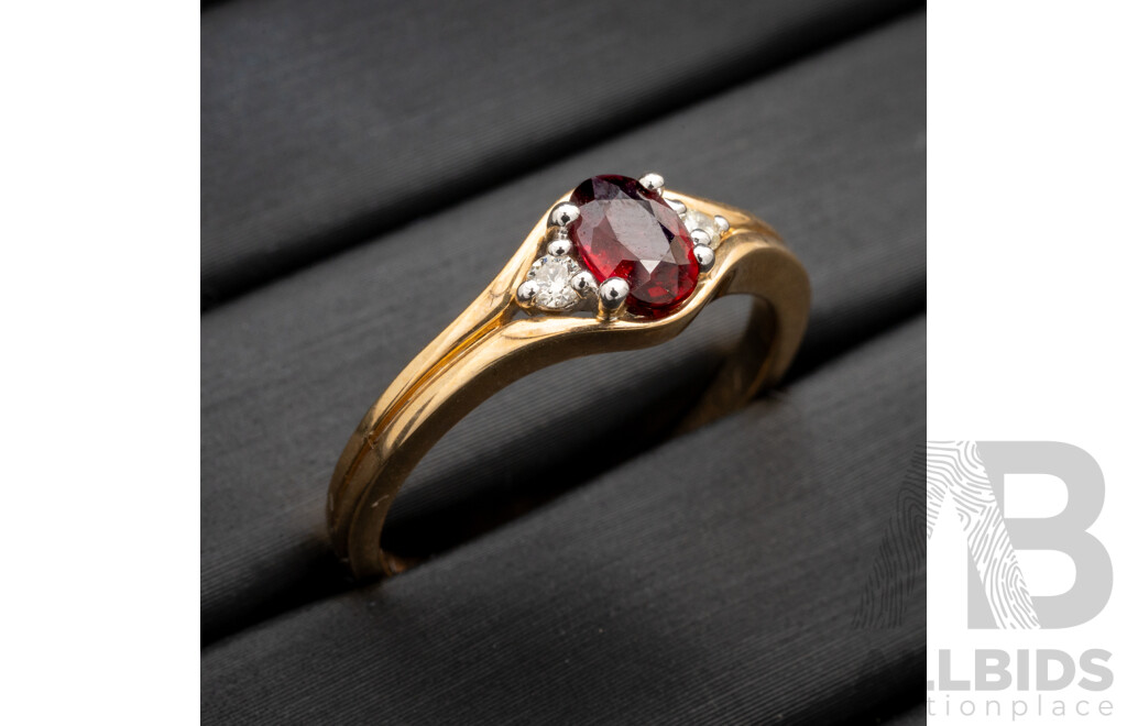 BRAND NEW - 9ct Yellow Gold Ruby & Diamond Ring, TDW0.03ct, Size O, 2.57 Grams