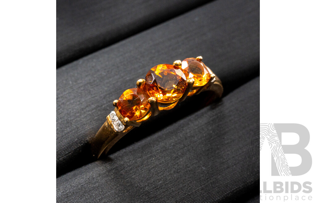 BRAND NEW - 9ct Yellow Gold Citrine & Diamond Trilogy Ring, TDW0.04ct, Size N, 1.84 Grams