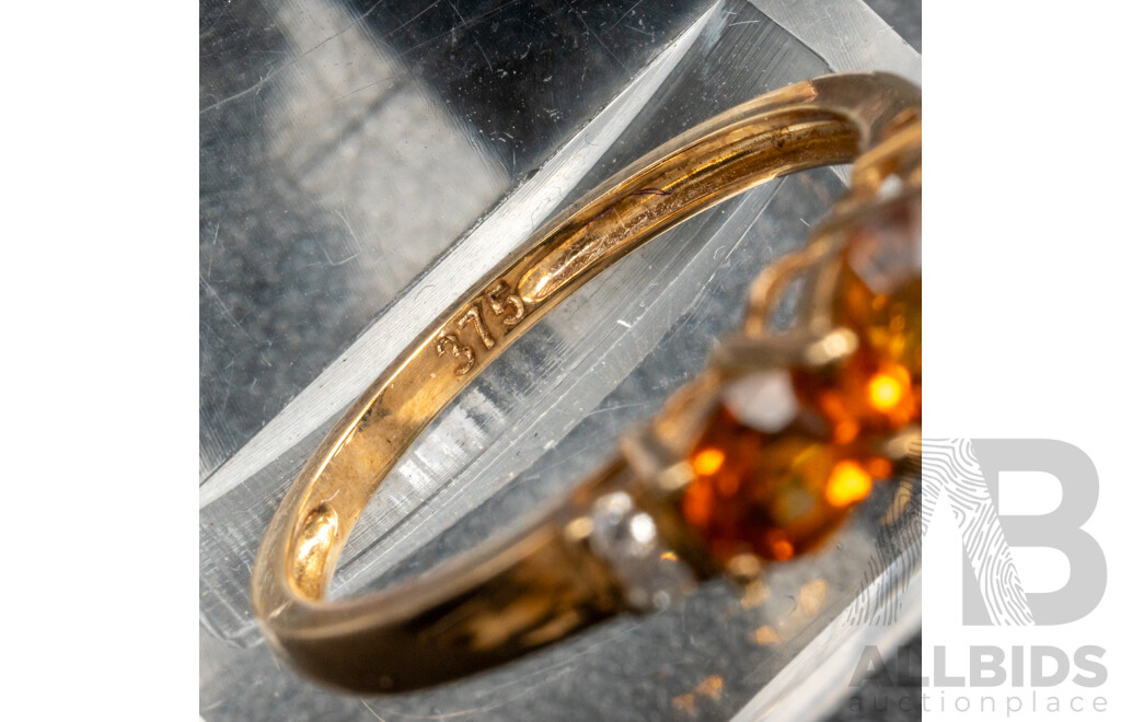 BRAND NEW - 9ct Yellow Gold Citrine & Diamond Trilogy Ring, TDW0.04ct, Size N, 1.84 Grams