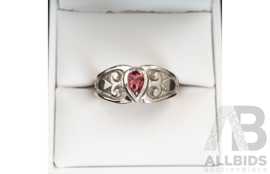 BRAND NEW - 9ct White Gold Pink Tourmaline Saddle Ring, Size M, 6.84 Grams