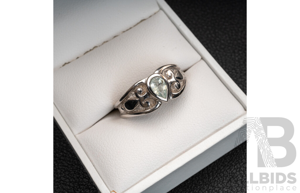 BRAND NEW - 9ct White Gold Ice Blue Tourmaline Saddle Ring, Size L, 6.64 Grams