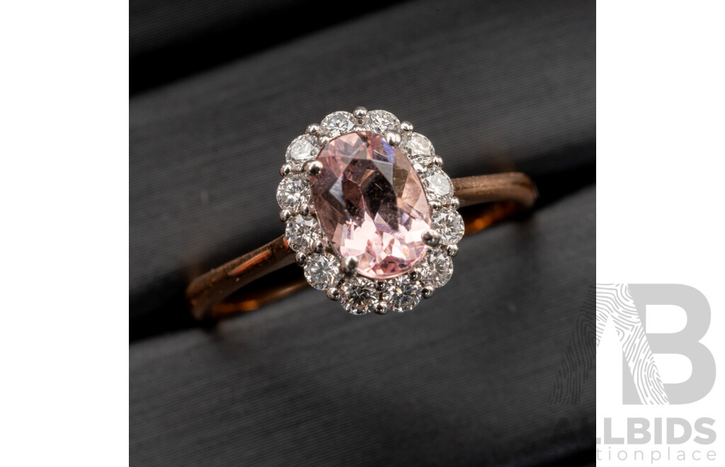 BRAND NEW - 18ct Rose/White Morganite & Diamond Halo Ring, S0.70ct/TDW0.25ct, Size N, 2.92 Grams