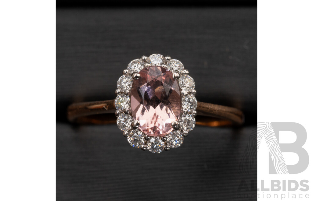 BRAND NEW - 18ct Rose/White Morganite & Diamond Halo Ring, S0.70ct/TDW0.25ct, Size N, 2.92 Grams