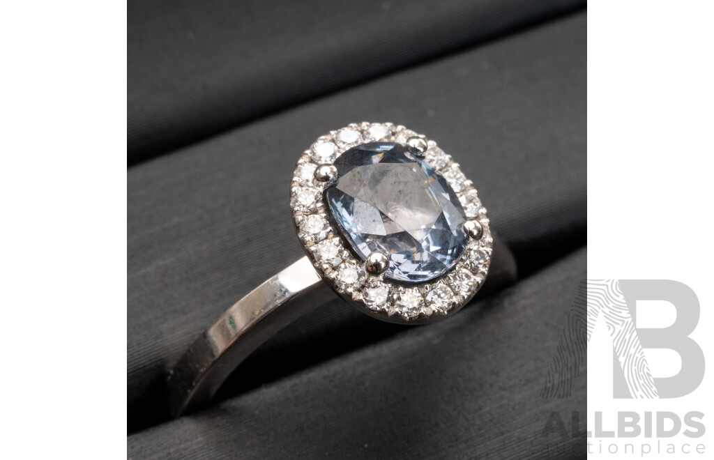 BRAND NEW - 18ct White Gold Grey Spinel & Diamond Halo Ring, S1.73ct/TDW0.25ct, Size M, 5.56 Grams