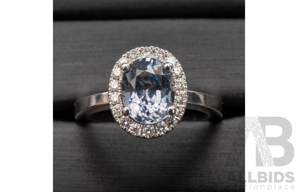 BRAND NEW - 18ct White Gold Grey Spinel & Diamond Halo Ring, S1.73ct/TDW0.25ct, Size M, 5.56 Grams
