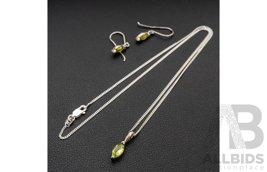 BRAND NEW - Sterling Silver Peridot Drop Earrings & Necklace Set, 5.53 Grams