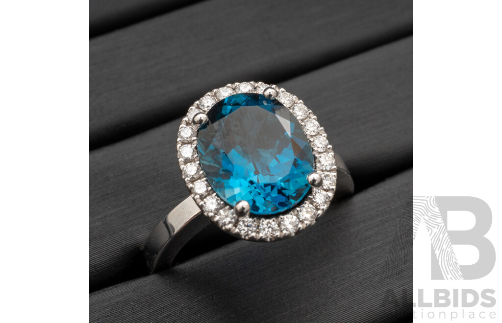 BRAND NEW - 18ct White Gold London Blue Topaz & Diamond Halo Ring, S5.12ct/TDW0.55ct, Size O, 8.97 Grams