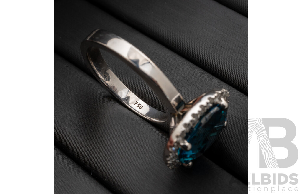 BRAND NEW - 18ct White Gold London Blue Topaz & Diamond Halo Ring, S5.12ct/TDW0.55ct, Size O, 8.97 Grams