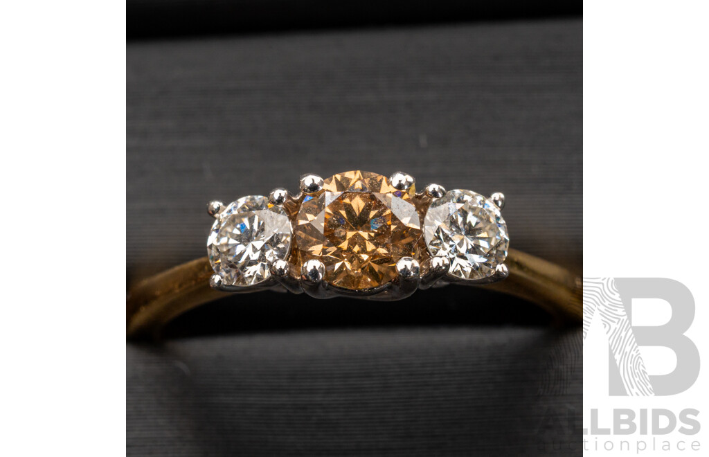 BRAND NEW - 18ct Yellow & White Gold Argyle Australian Chocolate Diamond Trilogy Ring, TDW0.75ct, Size O, 3.52 Grams