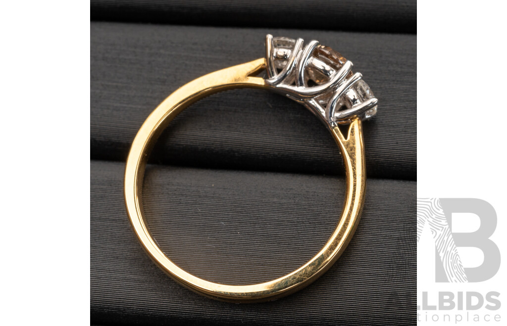 BRAND NEW - 18ct Yellow & White Gold Argyle Australian Chocolate Diamond Trilogy Ring, TDW0.75ct, Size O, 3.52 Grams