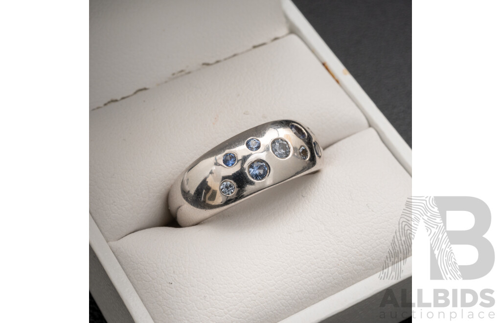 BRAND NEW - 9ct White Gold Ceylon Sapphire Dome Ring, Size N, 7.10 Grams