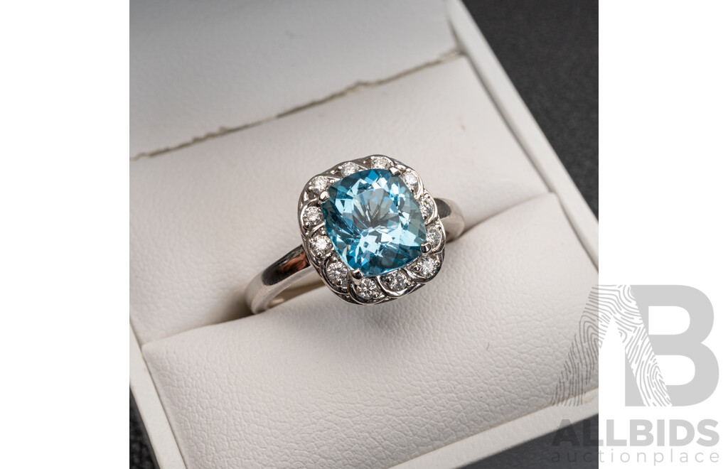 BRAND NEW - 14ct White Gold Aquamarine & Diamond Halo Ring, S2.13ct/TDW0.25ct, Size N1/2, 4.05 Grams