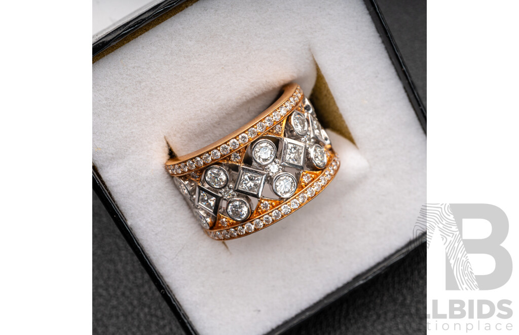 BRAND NEW - 18ct White/rose Gold Diamond Set Band, TDW 2.10ct, Size O, 16.90 Grams