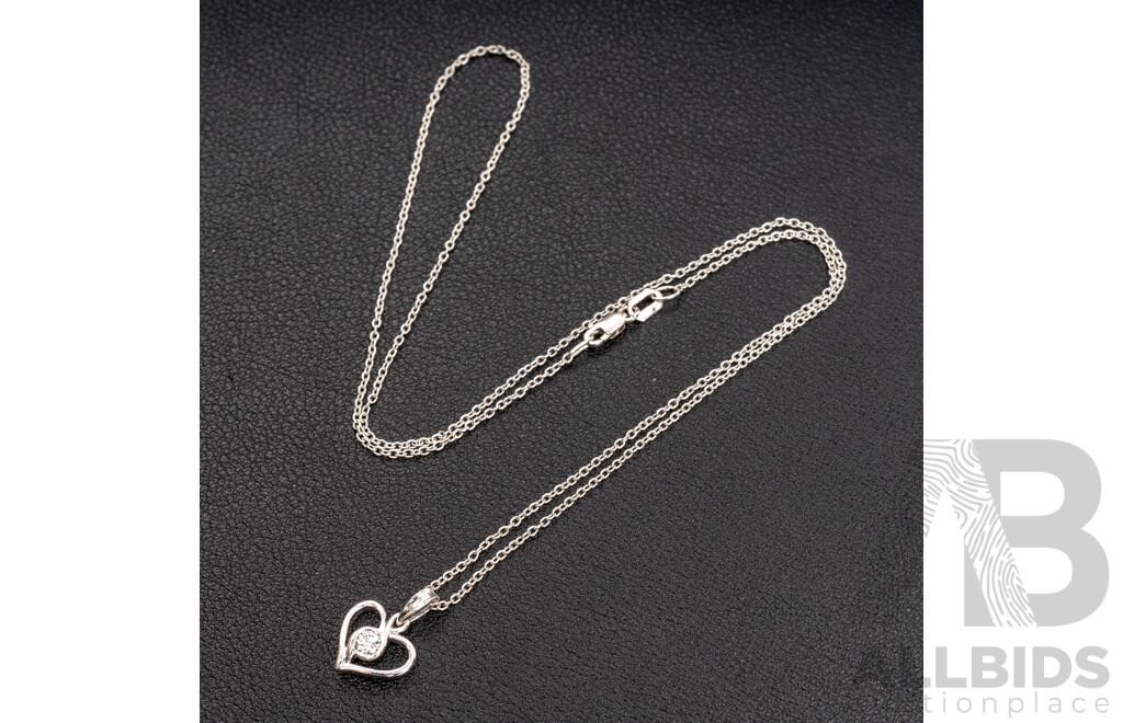 BRAND NEW - 9ct White Gold Diamond Heart Pendant TDW 0.15ct & 9ct Necklace, 45cm, 2.64 Grams