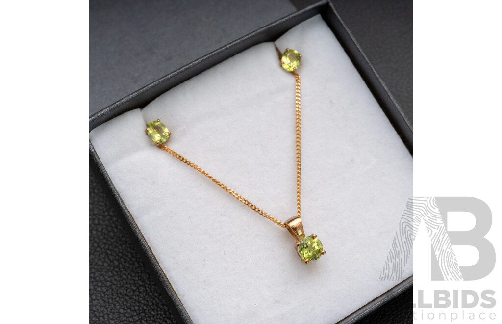 BRAND NEW - 9ct Yellow Gold Peridot Stud Earrings & Necklace Set, 2.80 Grams