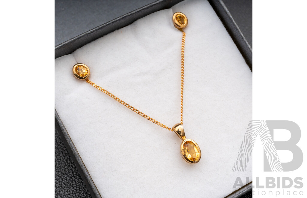 BRAND NEW - 9ct Yellow Gold Citrine Stud Earrings & Necklace Set, 2.92 Grams