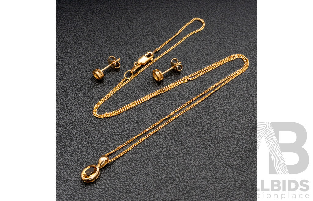 BRAND NEW - 9ct Yellow Gold Citrine Stud Earrings & Necklace Set, 2.92 Grams