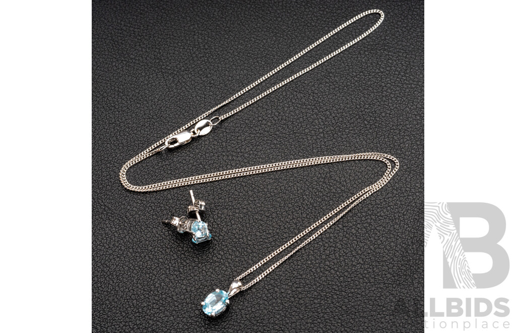 BRAND NEW - 9ct White Gold Topaz Stud Earrings & Necklace Set, 3.17 Grams