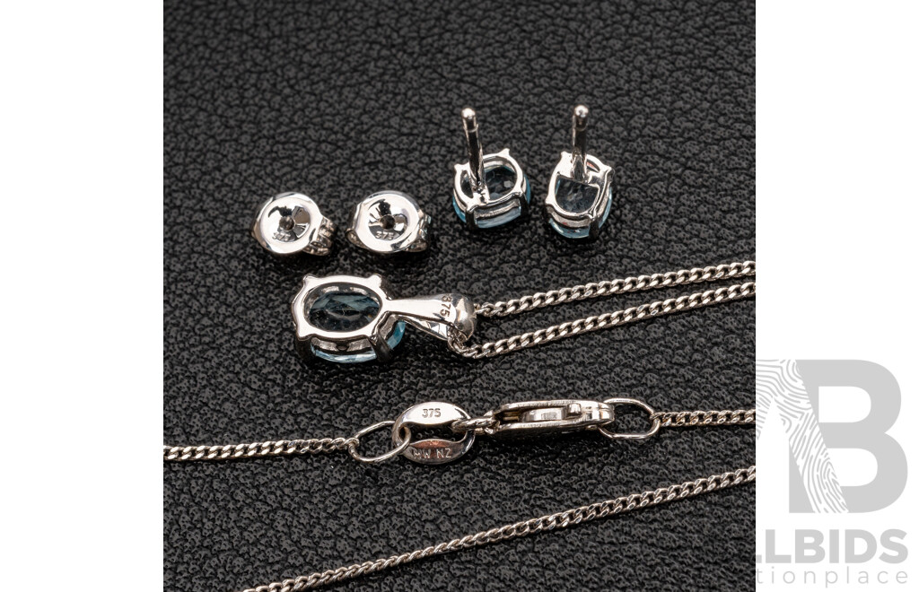 BRAND NEW - 9ct White Gold Topaz Stud Earrings & Necklace Set, 3.17 Grams