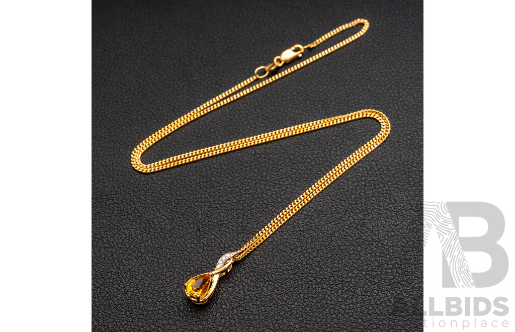 BRAND NEW - 9ct Yellow Gold Citrine & Diamond pendant on 9ct Curb Link Necklace, TDW 0.03ct, 16mm, 45cm, 3.59 Grams