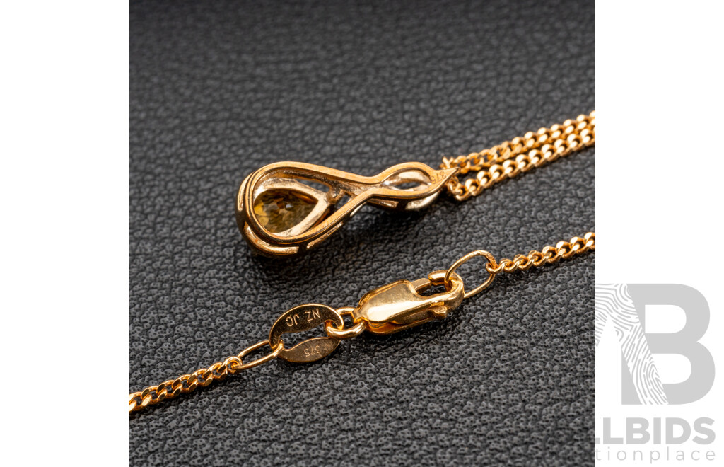 BRAND NEW - 9ct Yellow Gold Citrine & Diamond pendant on 9ct Curb Link Necklace, TDW 0.03ct, 16mm, 45cm, 3.59 Grams