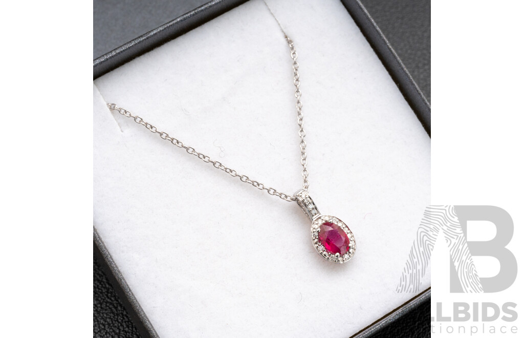 BRAND NEW - 9ct White Gold Ruby & Diamond Halo Pendant on 9ct White Gold Necklace, S0.49ct/D0.06ct, 14mm, 45cm, 2.14 Grams