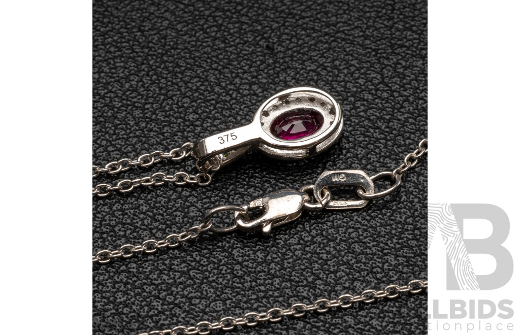 BRAND NEW - 9ct White Gold Ruby & Diamond Halo Pendant on 9ct White Gold Necklace, S0.49ct/D0.06ct, 14mm, 45cm, 2.14 Grams