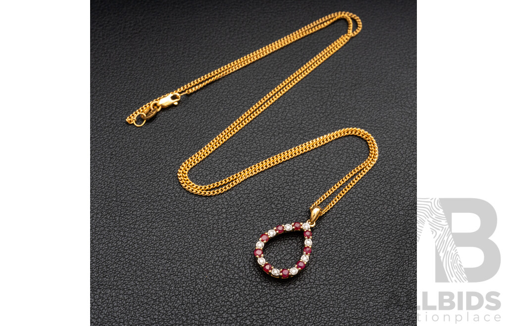 BRAND NEW - 9ct Yellow Gold Ruby & Diamond pear shaped Halo Pendant on 9ct Yellow Gold Necklace, S0.36ct/D0.05ct, 19mm, 50cm, 4.03 Grams