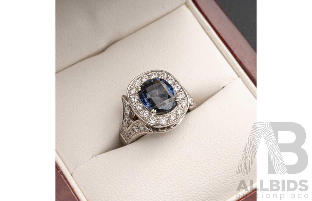 BRAND NEW - Stunning 18ct White Gold No. 1 Ceylon Sapphire & Diamond Halo Ring, S3.09ct/D0.80ct, Size K, 11.06 Grams