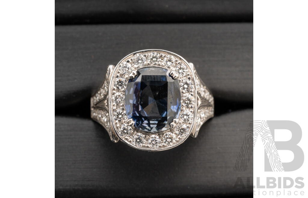 BRAND NEW - Stunning 18ct White Gold No. 1 Ceylon Sapphire & Diamond Halo Ring, S3.09ct/D0.80ct, Size K, 11.06 Grams