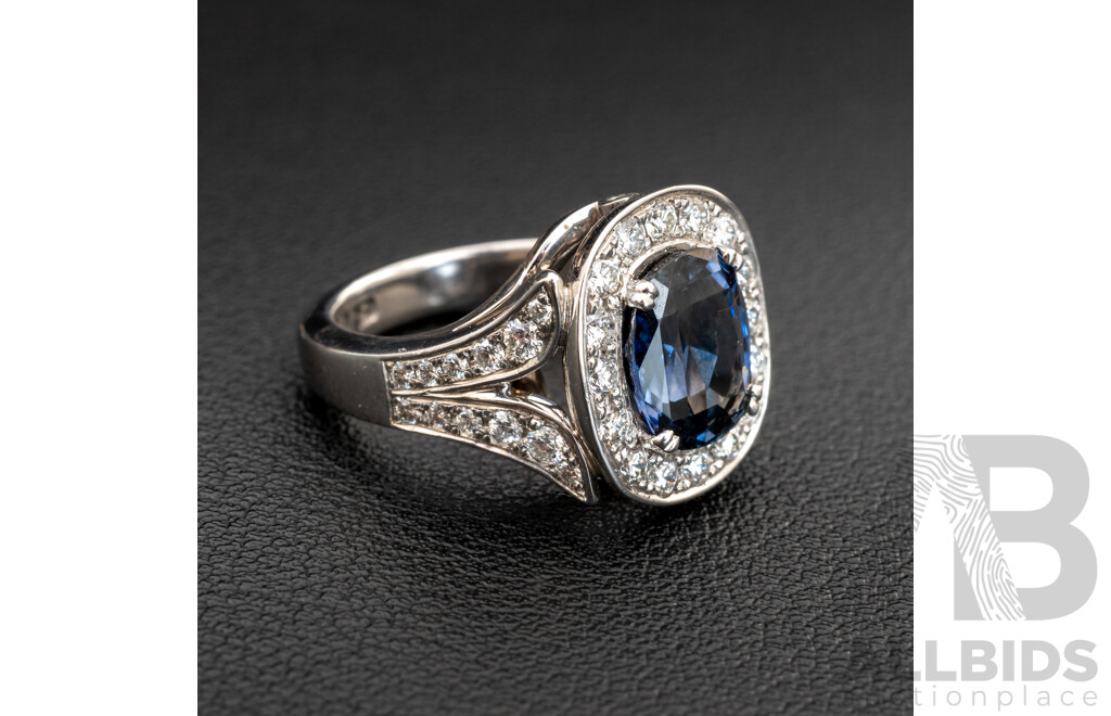 BRAND NEW - Stunning 18ct White Gold No. 1 Ceylon Sapphire & Diamond Halo Ring, S3.09ct/D0.80ct, Size K, 11.06 Grams
