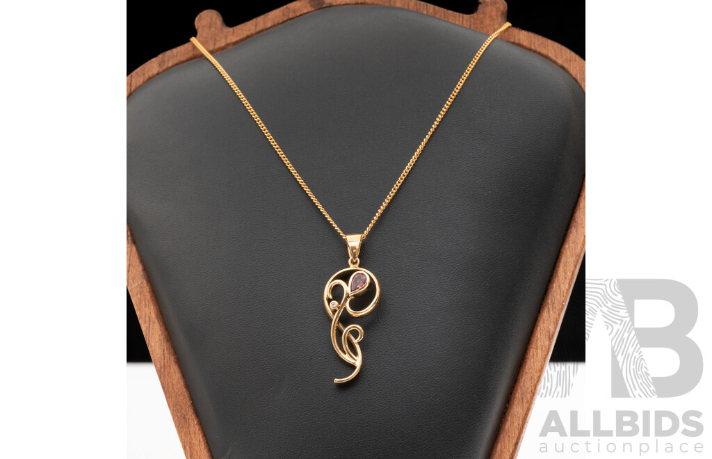BRAND NEW - 9ct Unique Artisan Pink Tourmaline & Diamond Pendant, 37mm, on 9ct Yellow Gold Necklace, 55cm, 7.10 Grams