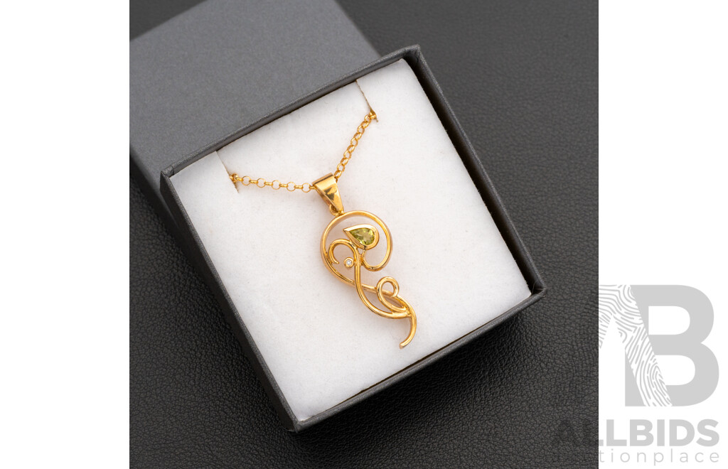 BRAND NEW - 9ct Unique Artisan Green Tourmaline & Diamond Pendant, 37mm, on 9ct Yellow Gold Necklace, 50cm, 6.58 Grams