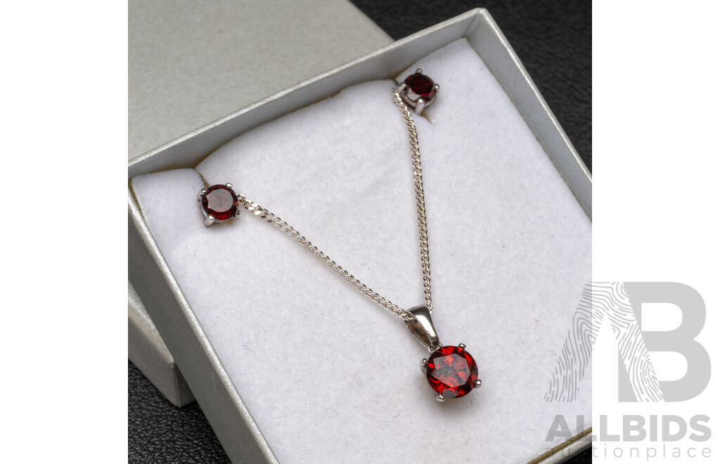 BRAND NEW - Sterling Silver Garnet Stud Earrings & Necklace (45cm) Set, 4.66 Grams