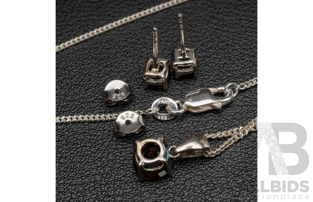 BRAND NEW - Sterling Silver Garnet Stud Earrings & Necklace (45cm) Set, 4.66 Grams