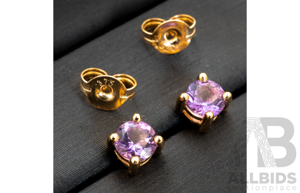BRAND NEW - 9ct Yellow Gold Amethyst Stud Earrings, 4.35mm, 1.02 Grams