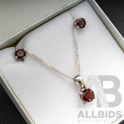 BRAND NEW - Sterling Silver Garnet Stud Earrings & Necklace (50cm) Set, 4.94 Grams