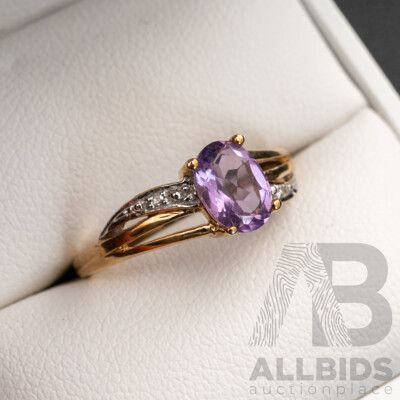 BRAND NEW - 9ct Yellow Gold Amethyst & Diamond Ring, Size N, 1.74 Grams